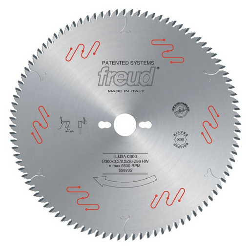 Freud’s exclusive blend of TiCo Hi-Density Carbide is specifically designed for each cutting application to maximise cutting life and material finish. Silver I.C.E. Coating reduces heat, build up, and eliminates rust and corrosion to maximise the life of the blade. Anti-Vibration design eliminates movement and reduces vibration for flawless cuts.